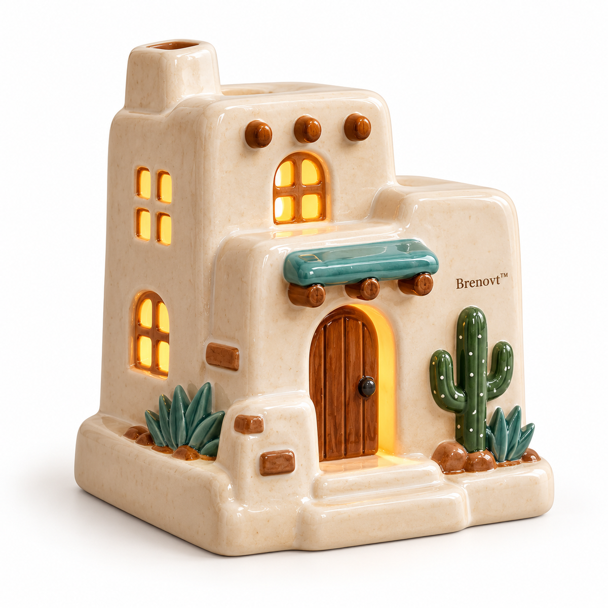 Brenovt™ Lighted Ceramic Adobe Cactus House main view