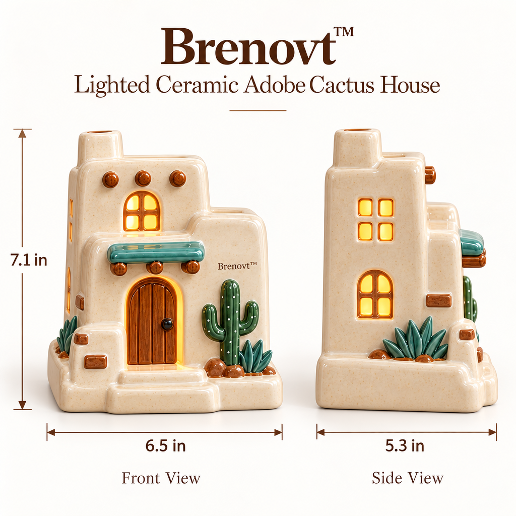 Brenovt™ Lighted Ceramic Adobe Cactus House size view