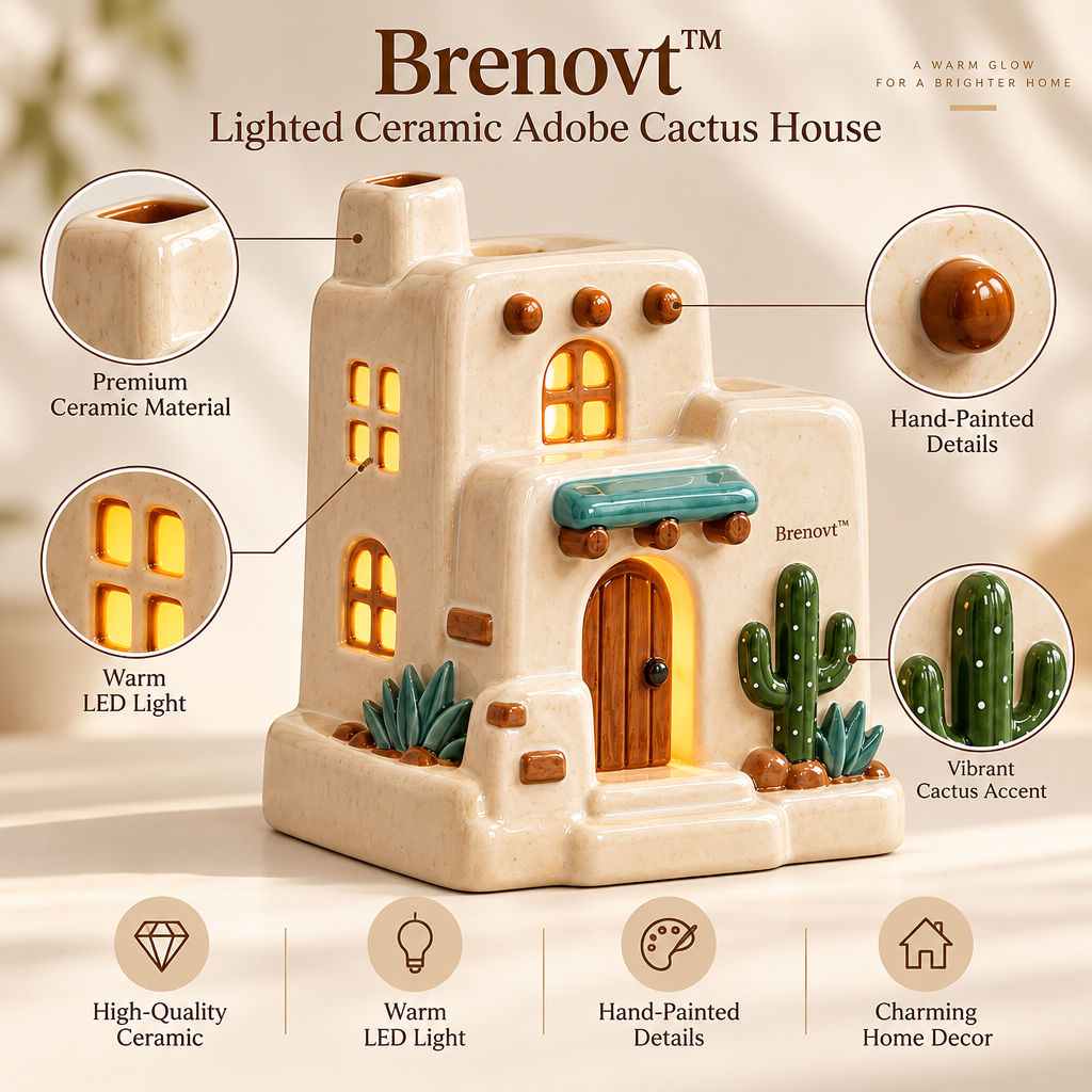 Brenovt™ Lighted Ceramic Adobe Cactus House material detail