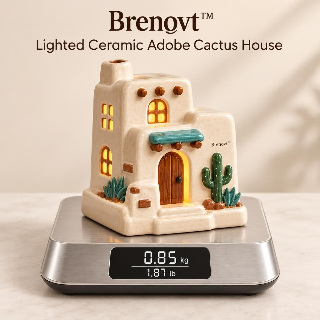 Brenovt™ Lighted Ceramic Adobe Cactus House weight view
