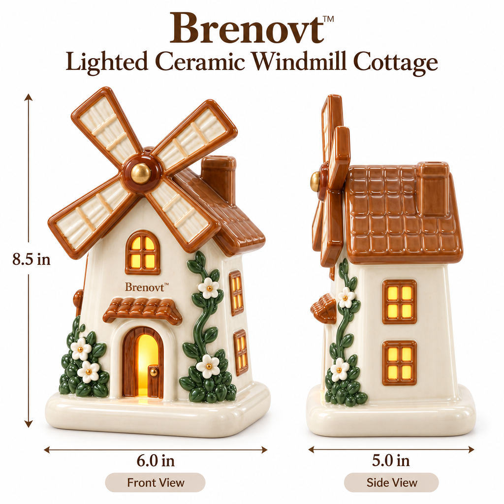 Brenovt™ Lighted Ceramic Windmill Cottage size view