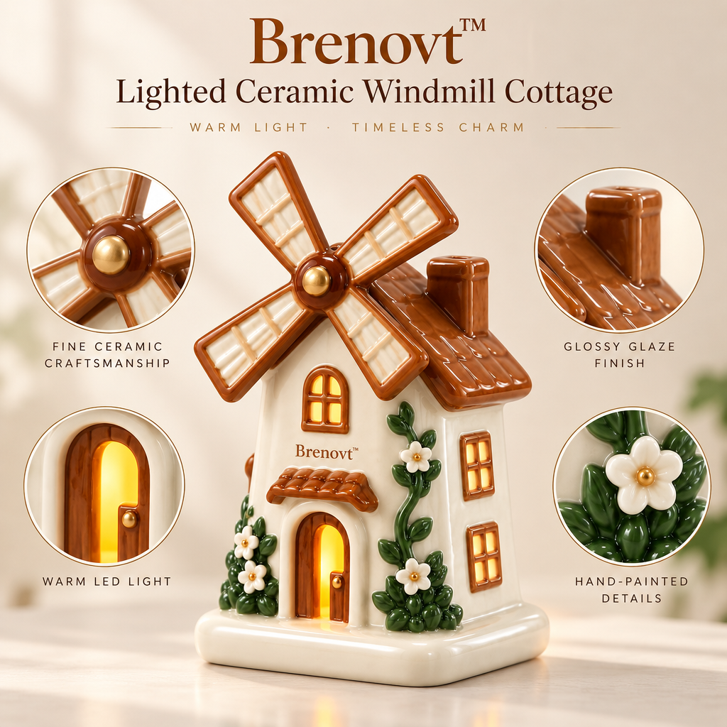 Brenovt™ Lighted Ceramic Windmill Cottage material detail