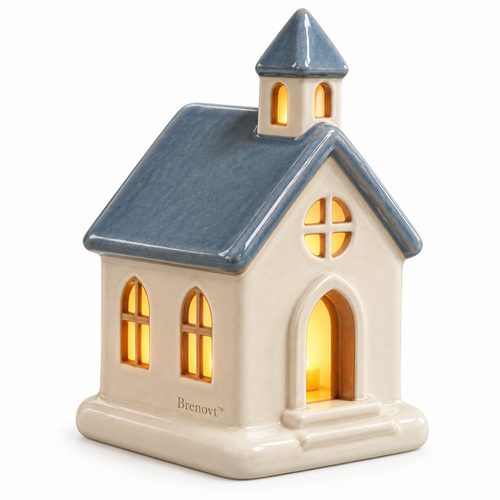 Brenovt™ Lighted Blue Roof Ceramic Church main view