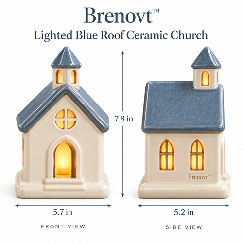 Brenovt™ Lighted Blue Roof Ceramic Church size view