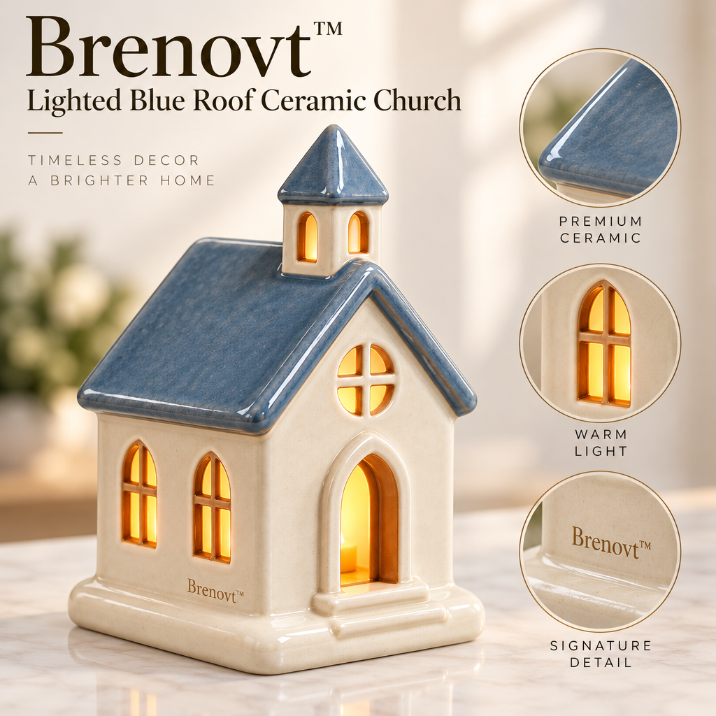 Brenovt™ Lighted Blue Roof Ceramic Church material detail
