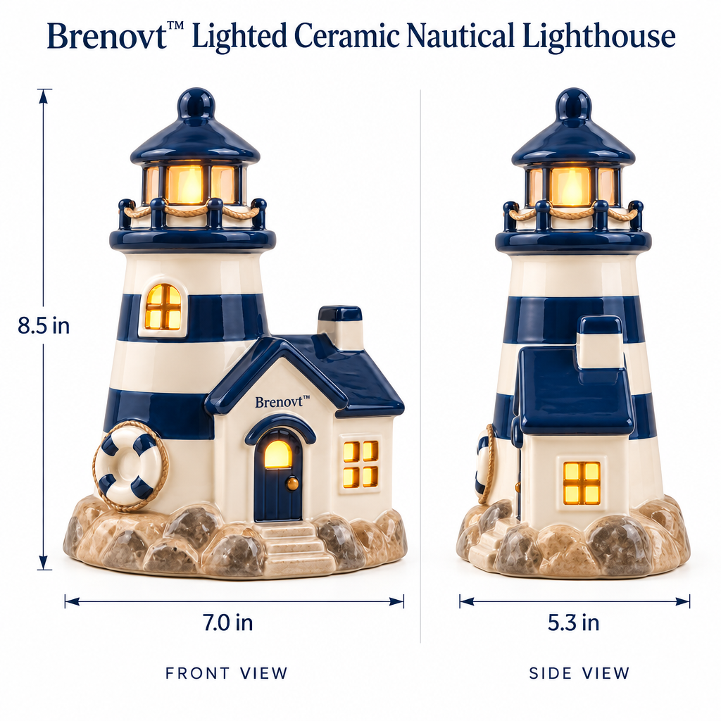 Brenovt™ Lighted Ceramic Nautical Lighthouse size view