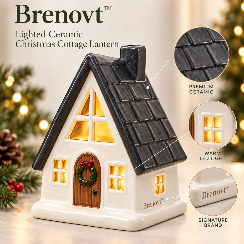 Brenovt™ Lighted Ceramic Christmas Cottage Lantern material detail